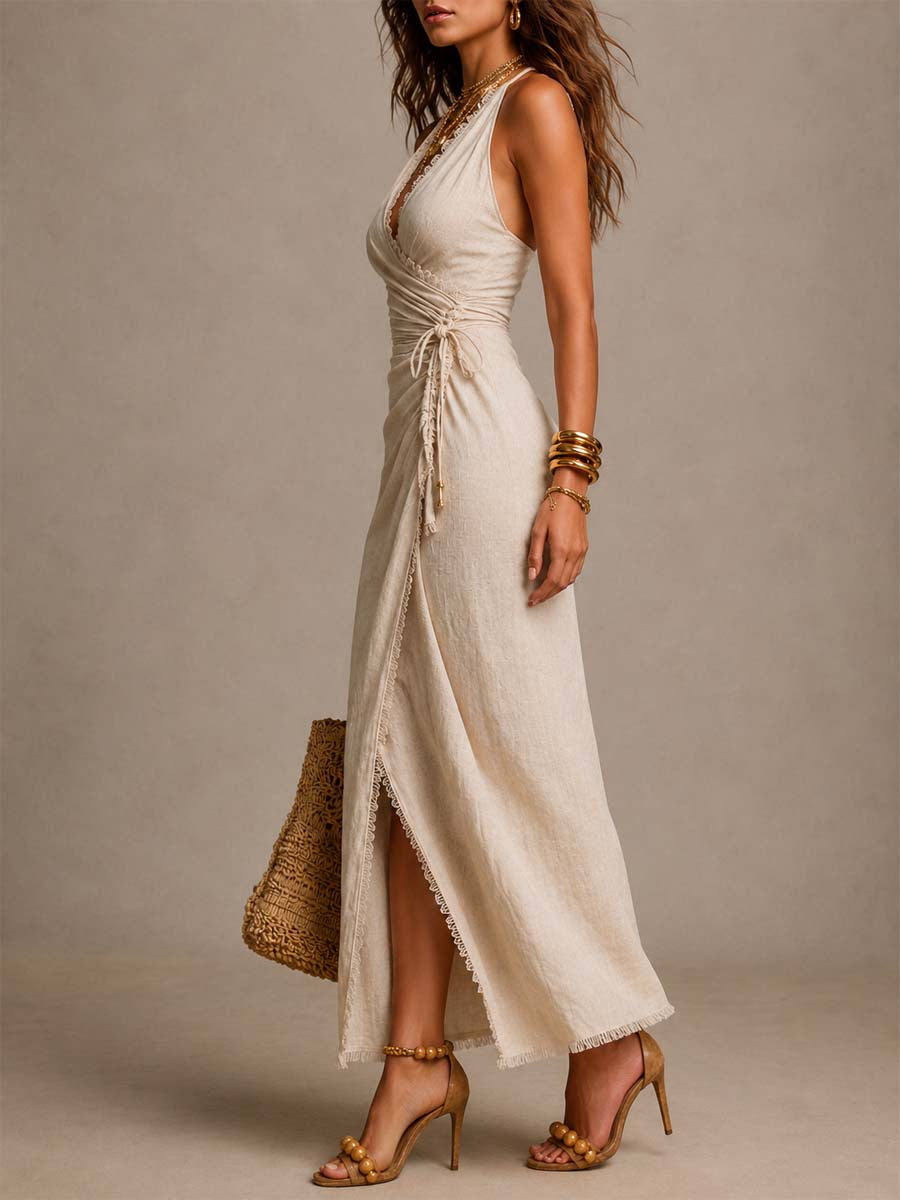 Winifred | Women's Beige faux- wrap maxi dress with trim