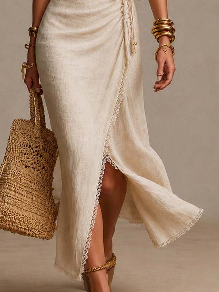 Winifred | Women's Beige faux- wrap maxi dress with trim