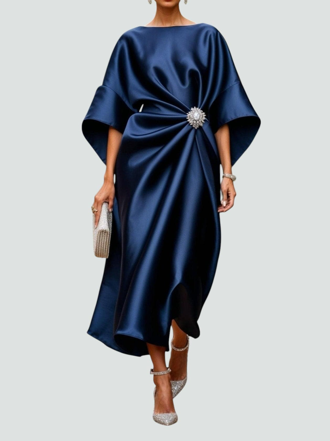 Lucienne | Women's Wrap Midi Dress with Round Neck and Batwing Sleeves - image 1