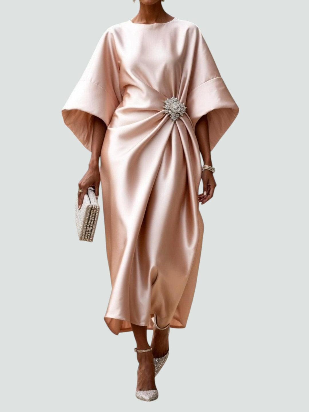 Lucienne | Women's Wrap Midi Dress with Round Neck and Batwing Sleeves - image 5