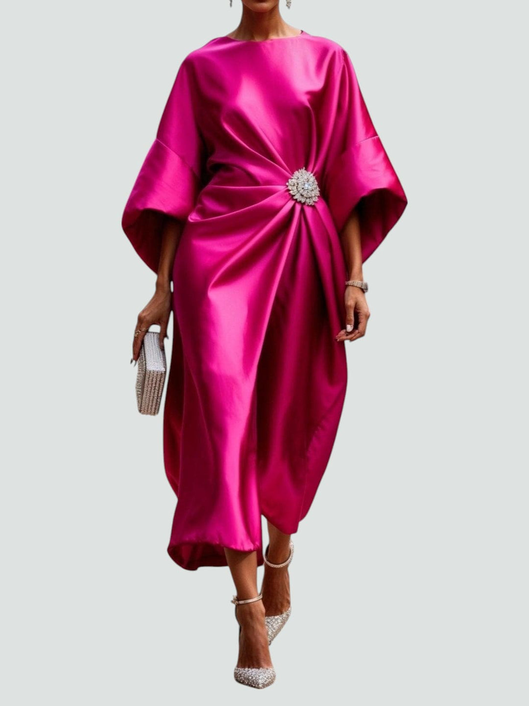 Lucienne | Women's Wrap Midi Dress with Round Neck and Batwing Sleeves - image 4