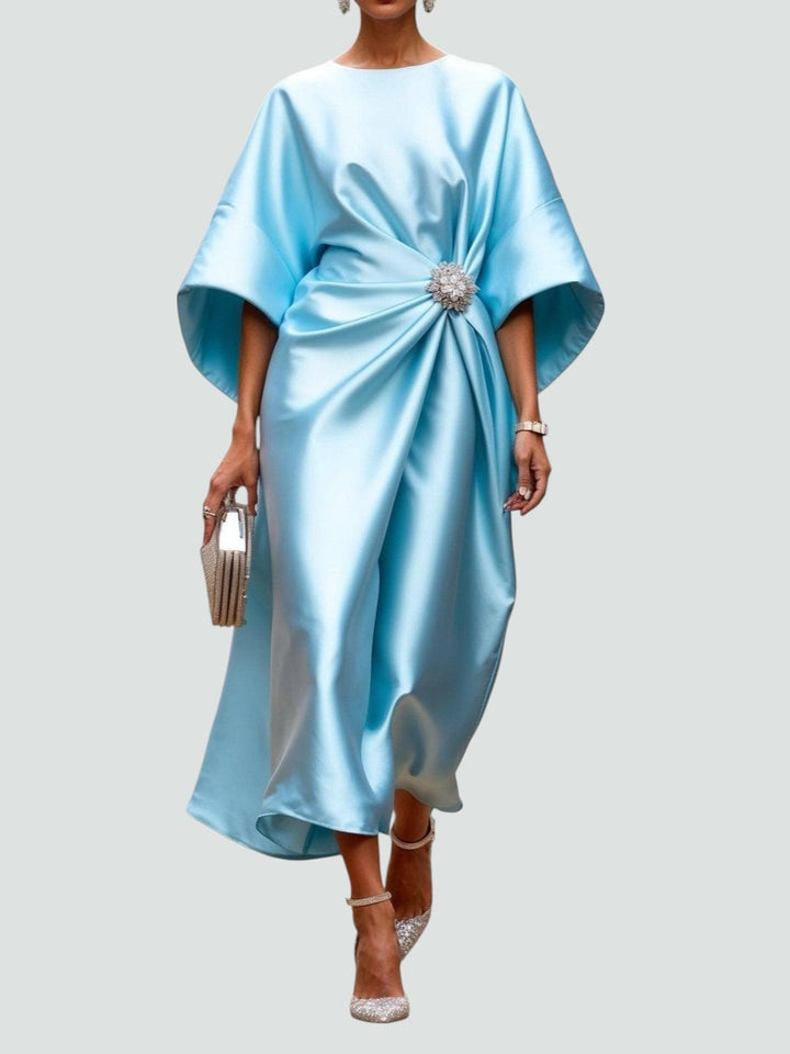 Lucienne | Women's Wrap Midi Dress with Round Neck and Batwing Sleeves - image 3