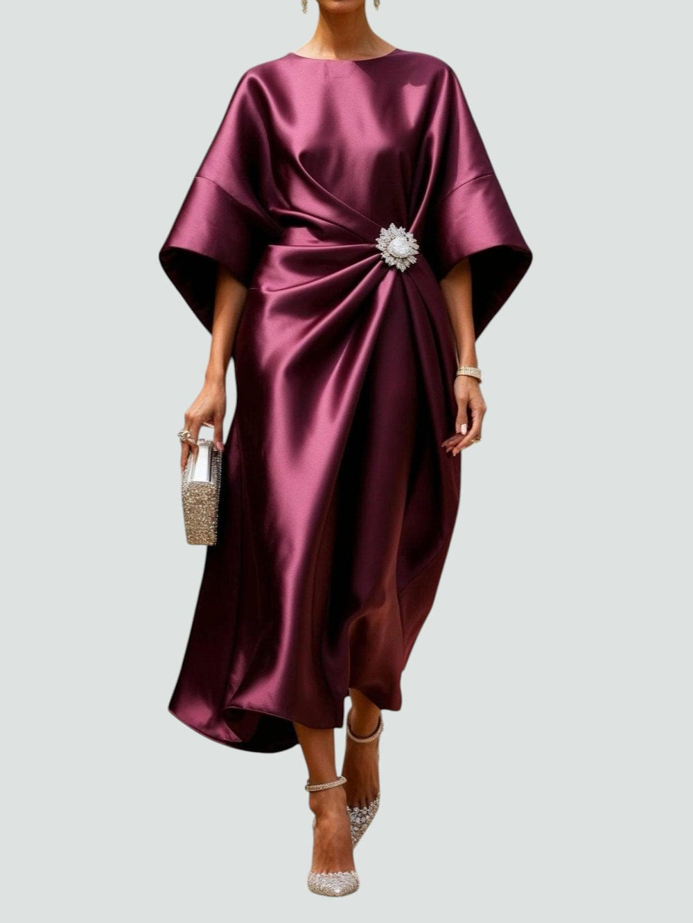 Lucienne | Women's Wrap Midi Dress with Round Neck and Batwing Sleeves - image 2