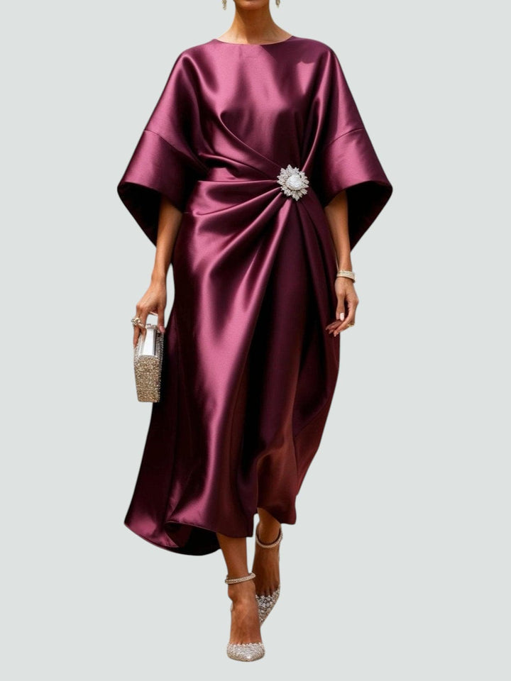 Lucienne | Women's Wrap Midi Dress with Round Neck and Batwing Sleeves - image 2