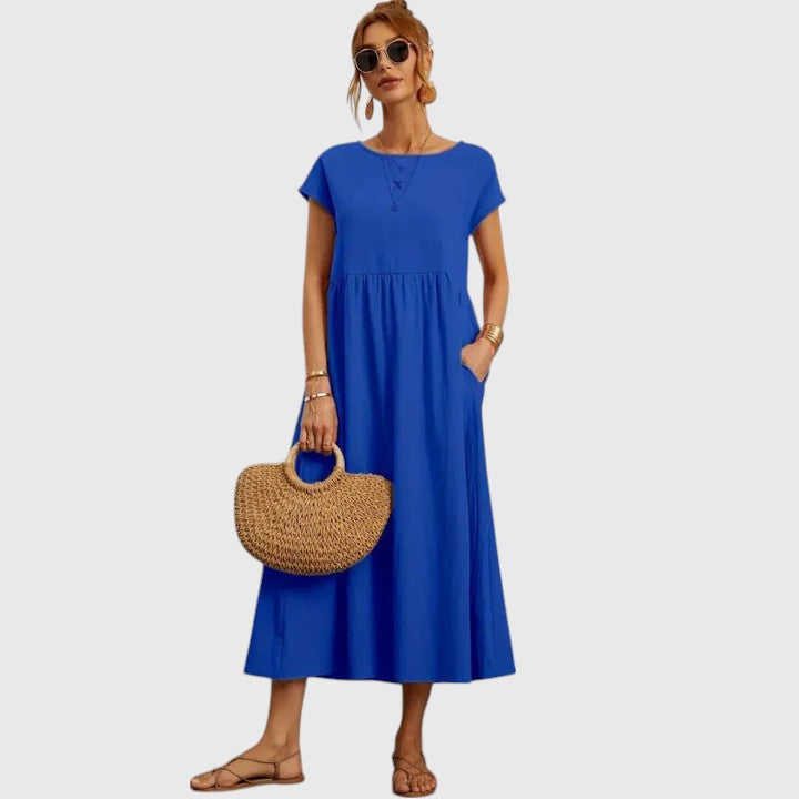 Veronique | Women's A-Line Midi Dress with Round Neck and Short Sleeves - image 7