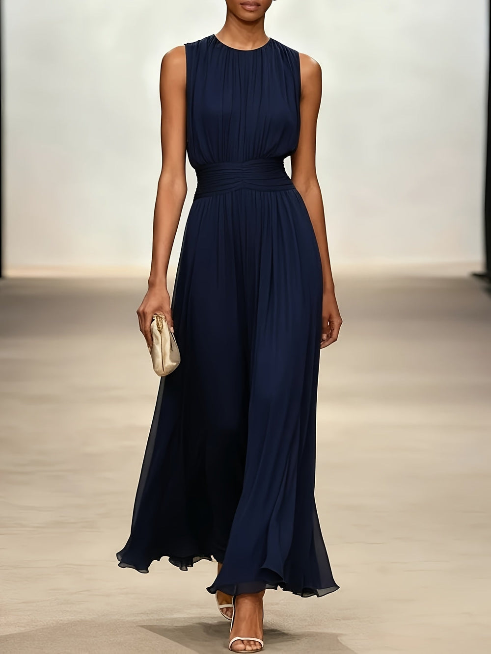 Bellamira | Women's Sleeveless Ruched Waist Maxi Dress with Round Neck - image 2