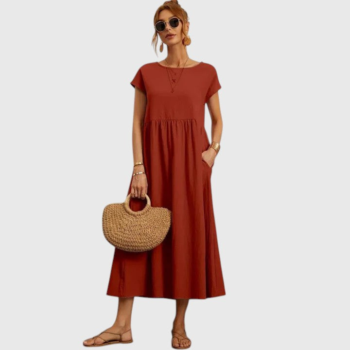 Veronique | Women's A-Line Midi Dress with Round Neck and Short Sleeves - image 8