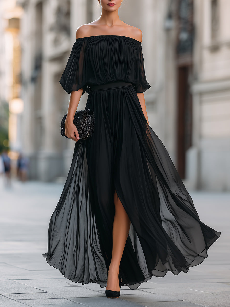 Persephone | Women's Pleated Off-Shoulder Maxi Dress with Balloon Sleeves - image 1
