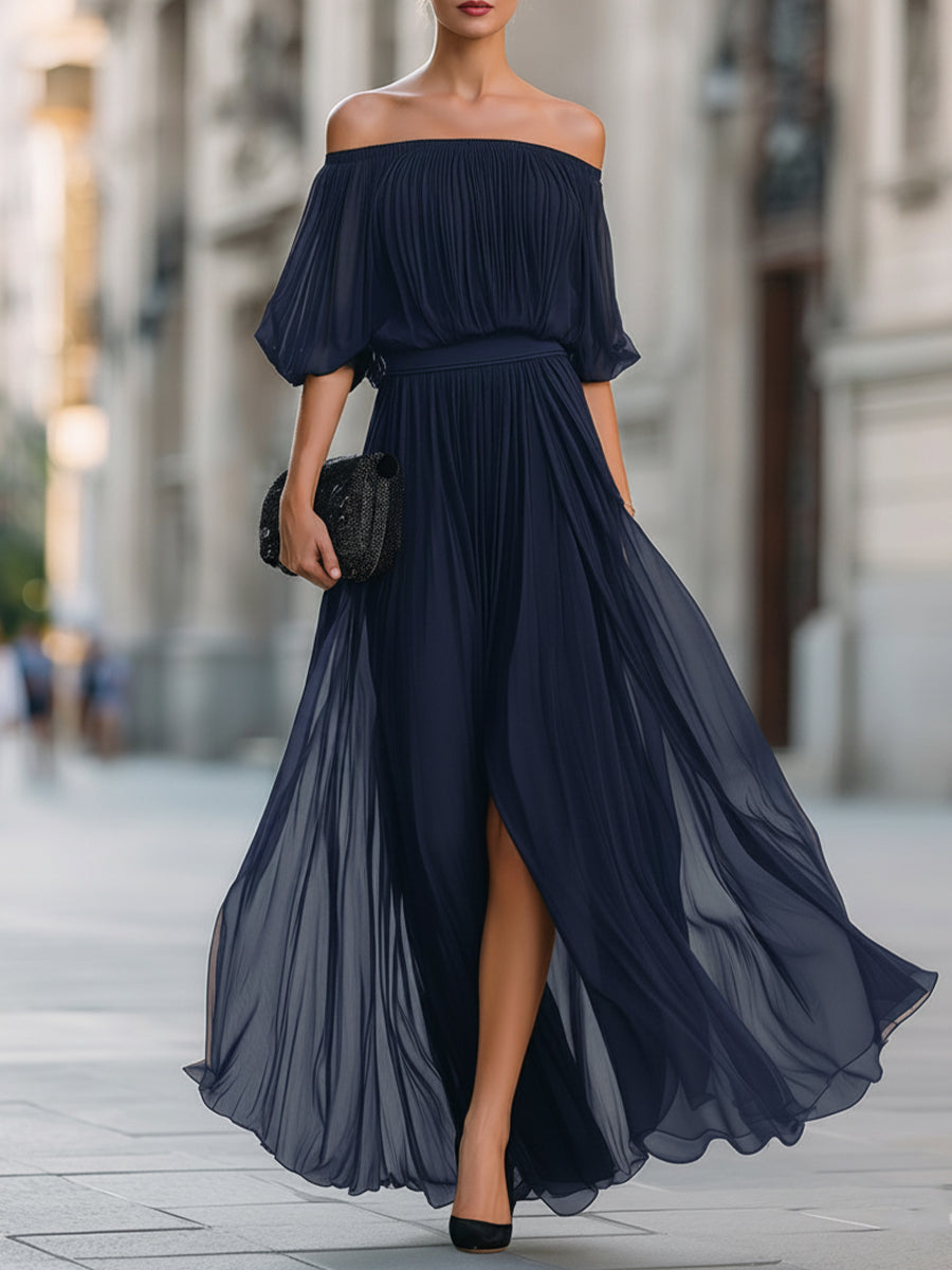 Persephone | Women's Pleated Off-Shoulder Maxi Dress with Balloon Sleeves - image 9