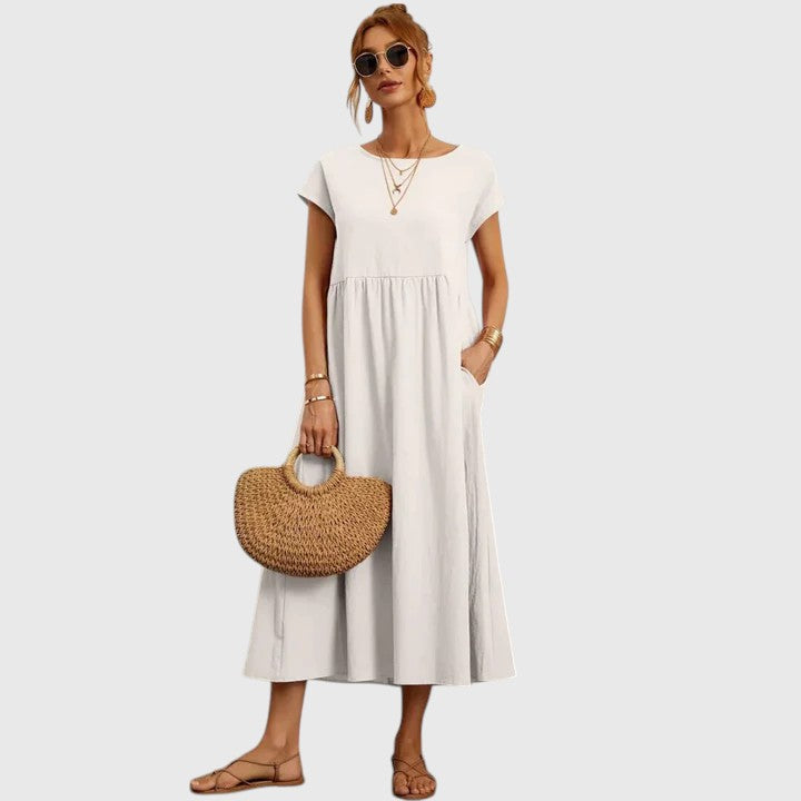Veronique | Women's A-Line Midi Dress with Round Neck and Short Sleeves - image 3