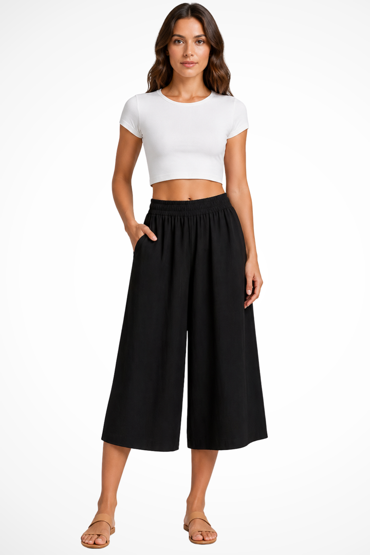 Wrenley | Women's High Waist Elasticated Wide Leg Cropped Trousers with Pockets