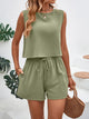 Tabitha | Women's Loose Sleeveless Buttoned Drawstring Elasticity Pockets Solid Color Round-Neck Shorts Bottoms + Set