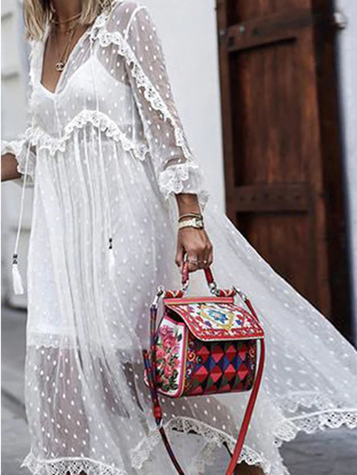 Honor | Women's White Jacquard Polka Dot See-Through Maxi Dress Long Sleeve