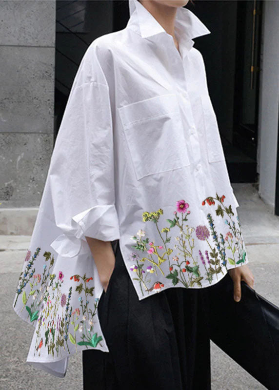 Avis | Women's Floral Embroidered High-Low Cotton Shirt