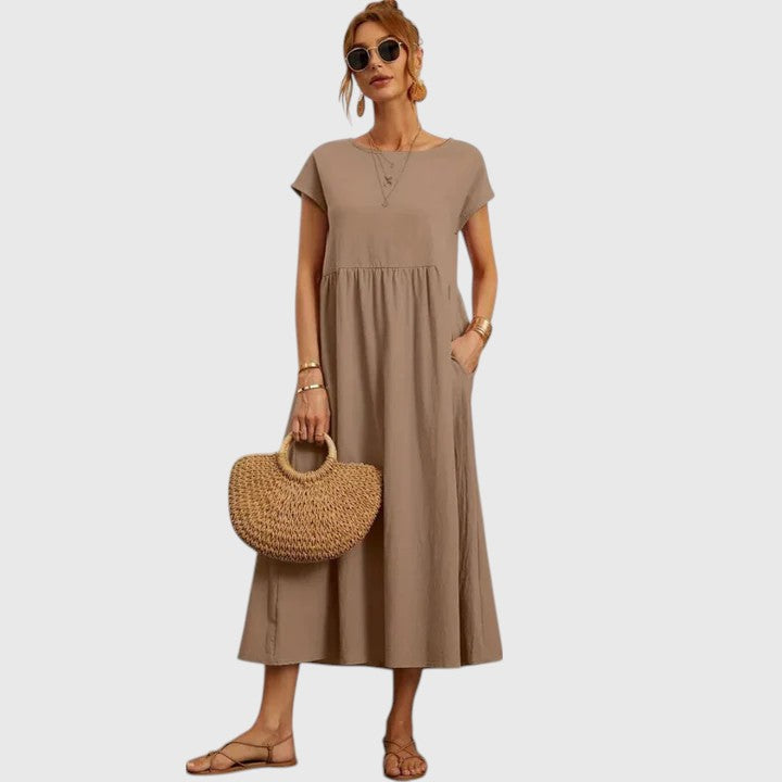 Veronique | Women's A-Line Midi Dress with Round Neck and Short Sleeves - image 9