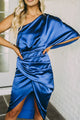 Vittorina women's one-shoulder satin midi dress with ruched waist and wrap slit