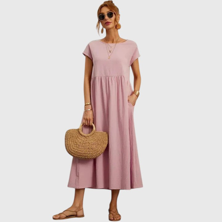 Veronique | Women's A-Line Midi Dress with Round Neck and Short Sleeves - image 10