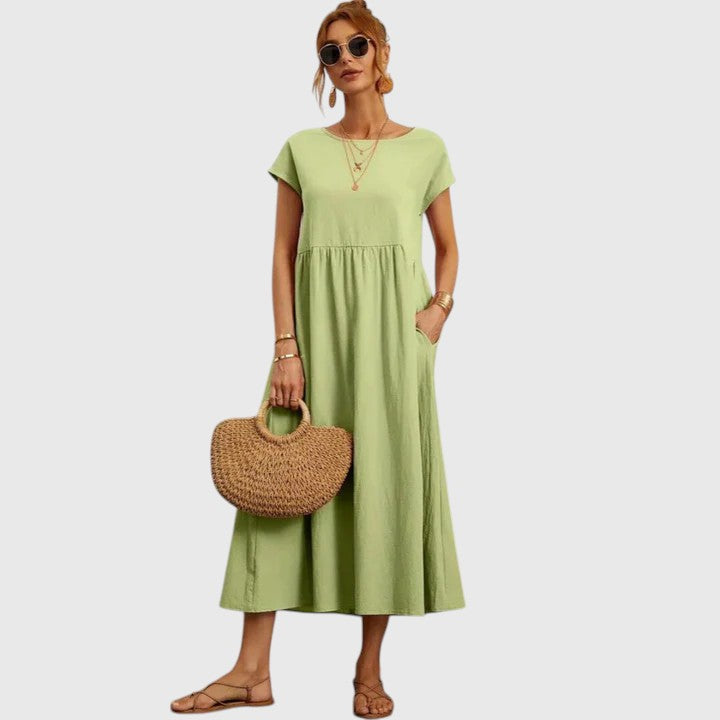 Veronique | Women's A-Line Midi Dress with Round Neck and Short Sleeves - image 4