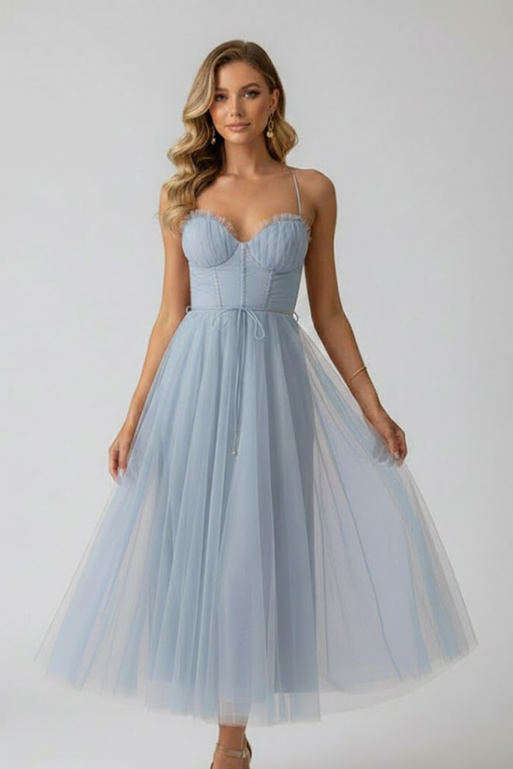 Euphrosyne | Women's Sweetheart Midi Dress with Corset Bodice and Tulle Skirt - image 10