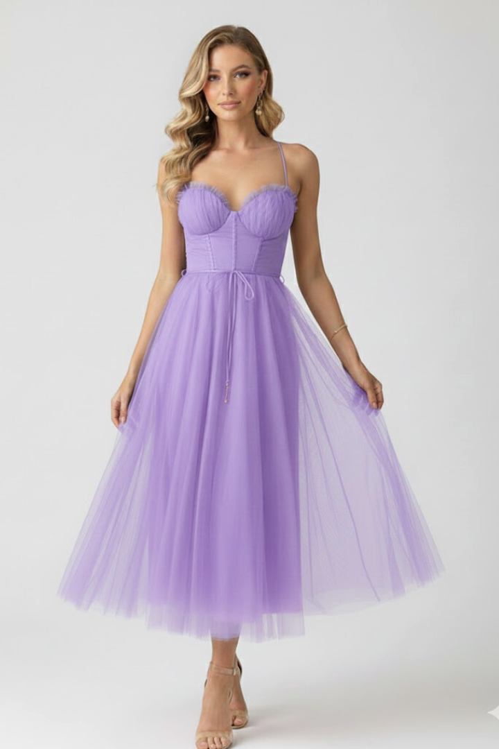 Euphrosyne | Women's Sweetheart Midi Dress with Corset Bodice and Tulle Skirt - image 9