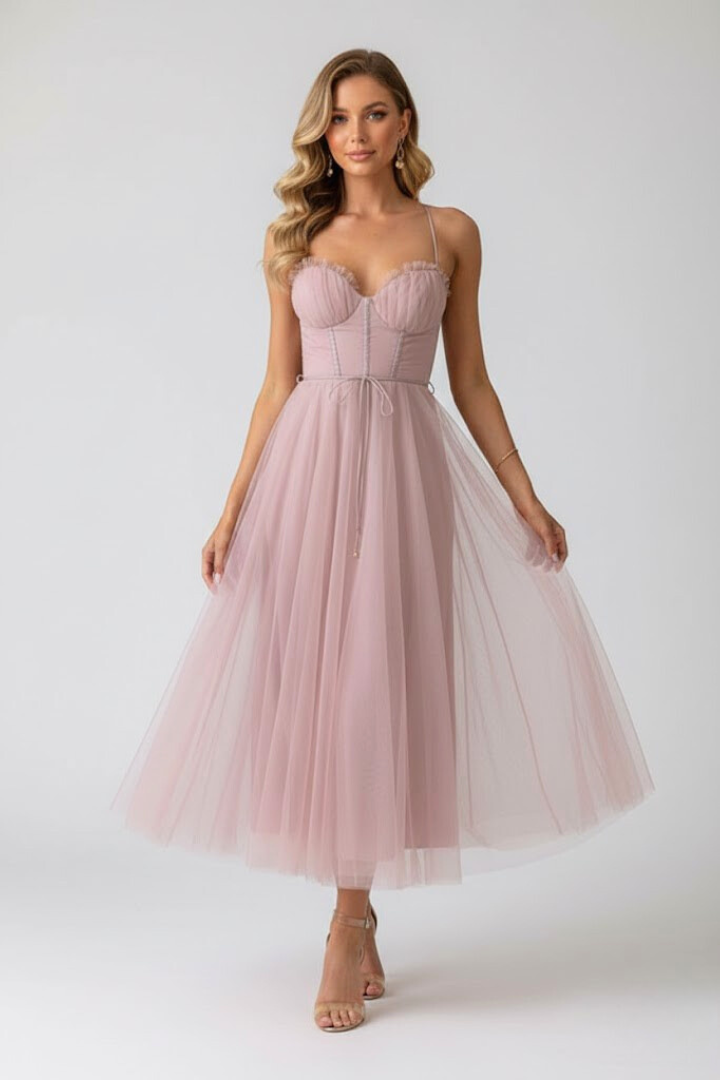 Euphrosyne | Women's Sweetheart Midi Dress with Corset Bodice and Tulle Skirt - image 2