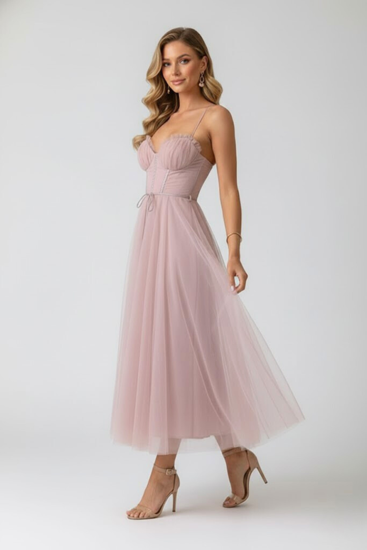 Euphrosyne | Women's Sweetheart Midi Dress with Corset Bodice and Tulle Skirt - image 4