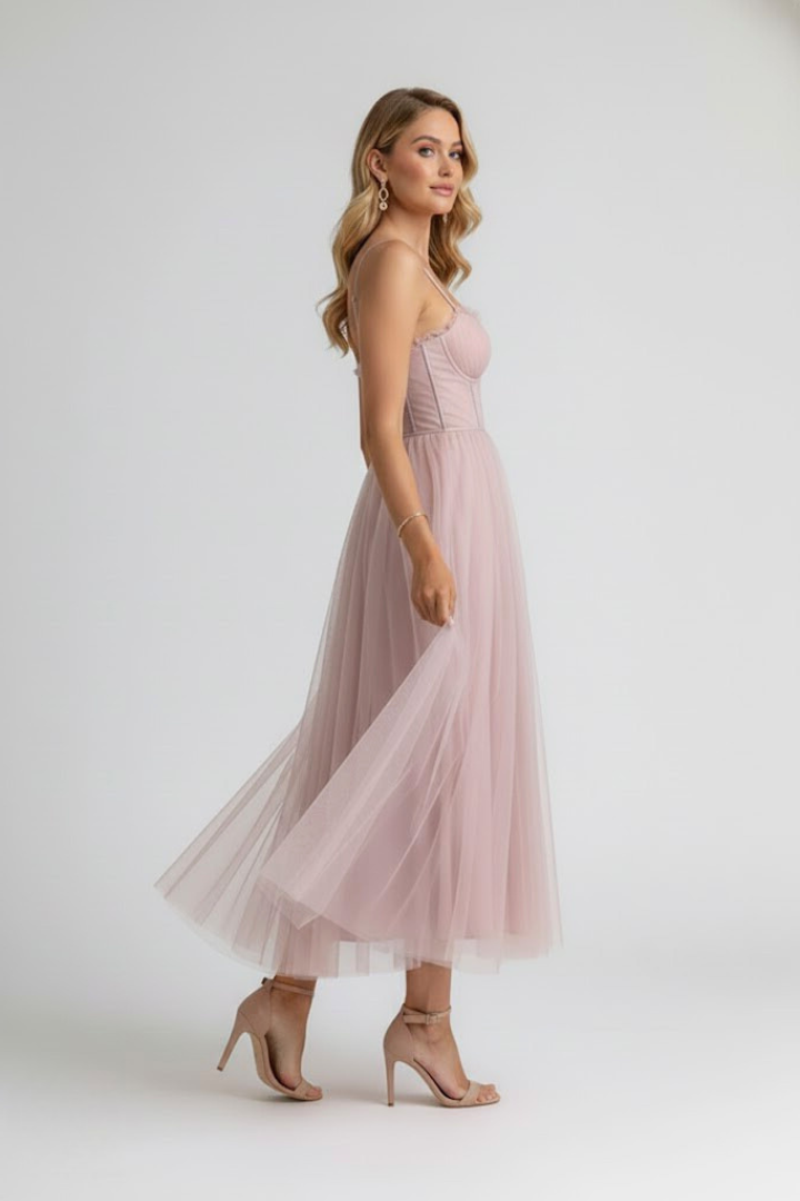 Euphrosyne | Women's Sweetheart Midi Dress with Corset Bodice and Tulle Skirt - image 3