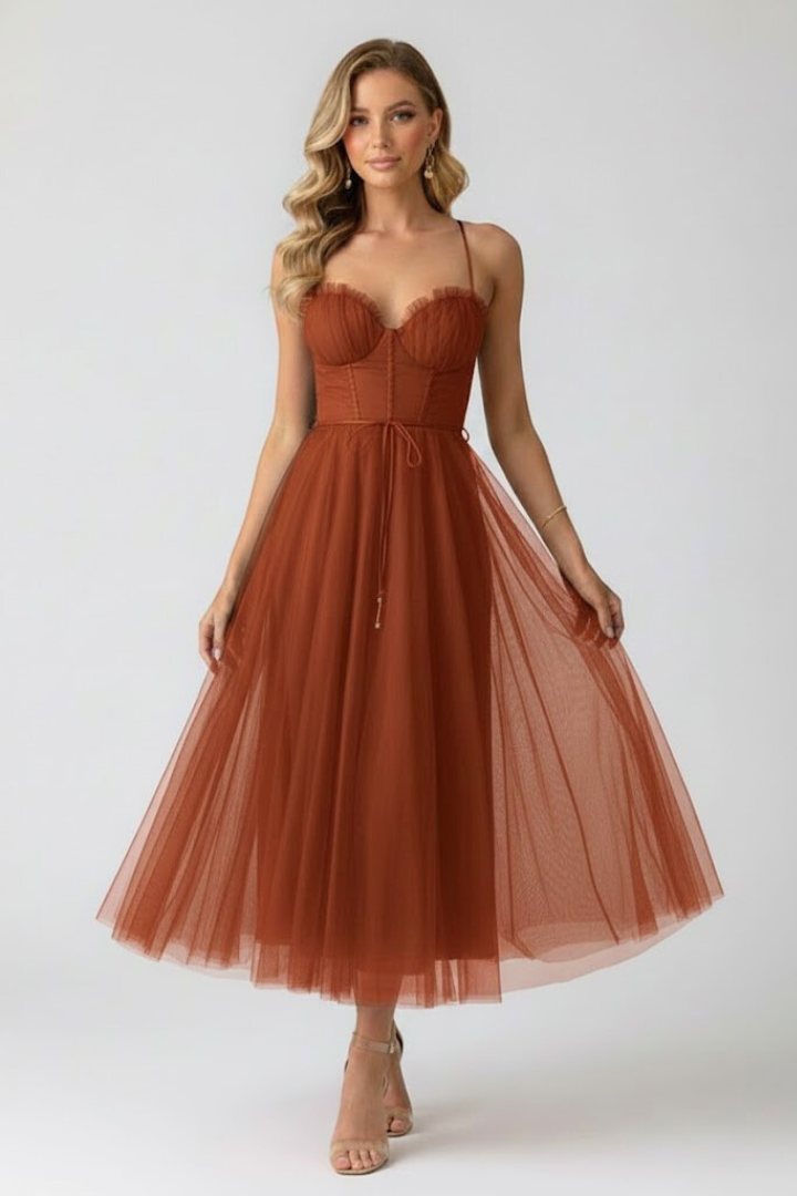 Euphrosyne | Women's Sweetheart Midi Dress with Corset Bodice and Tulle Skirt - image 6