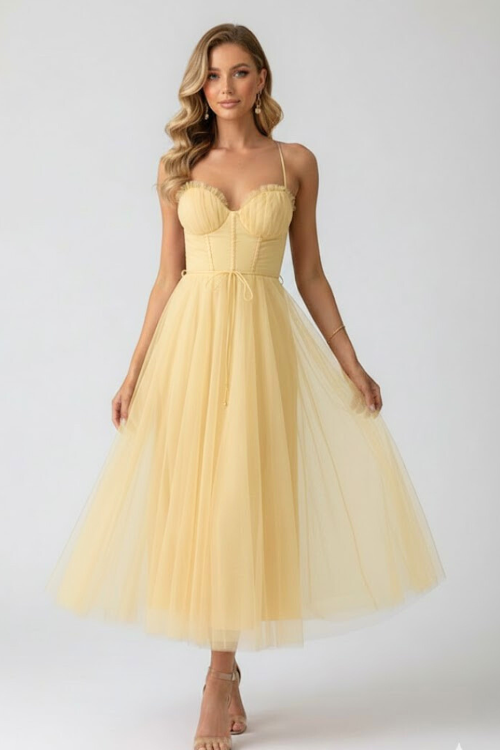 Euphrosyne | Women's Sweetheart Midi Dress with Corset Bodice and Tulle Skirt - image 7