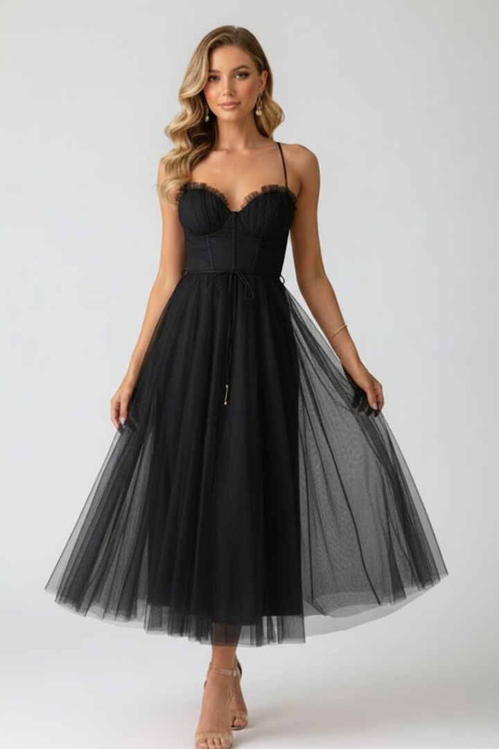 Euphrosyne | Women's Sweetheart Midi Dress with Corset Bodice and Tulle Skirt - image 8