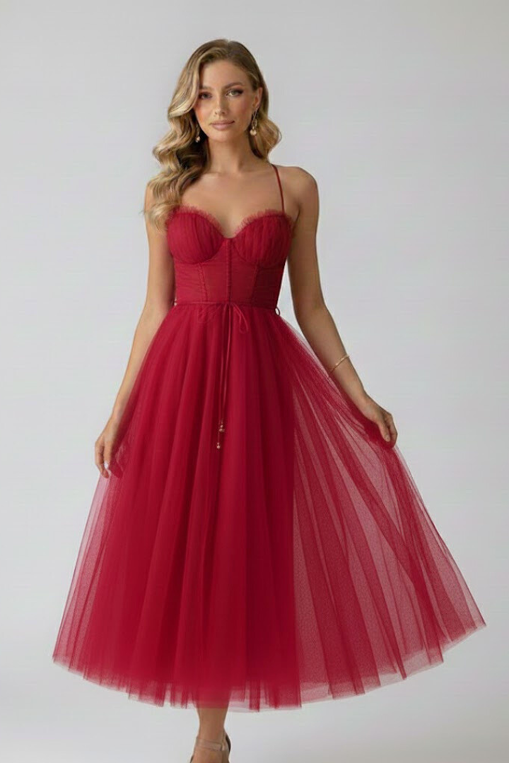 Euphrosyne | Women's Sweetheart Midi Dress with Corset Bodice and Tulle Skirt - image 11