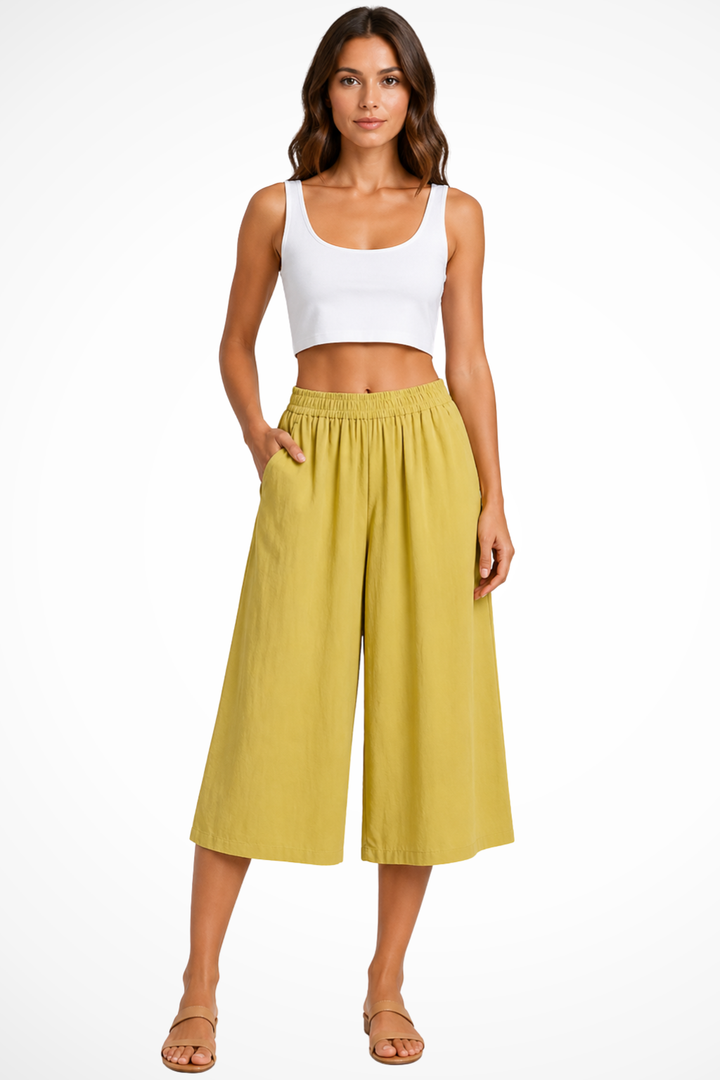 Wrenley | Women's High Waist Elasticated Wide Leg Cropped Trousers with Pockets