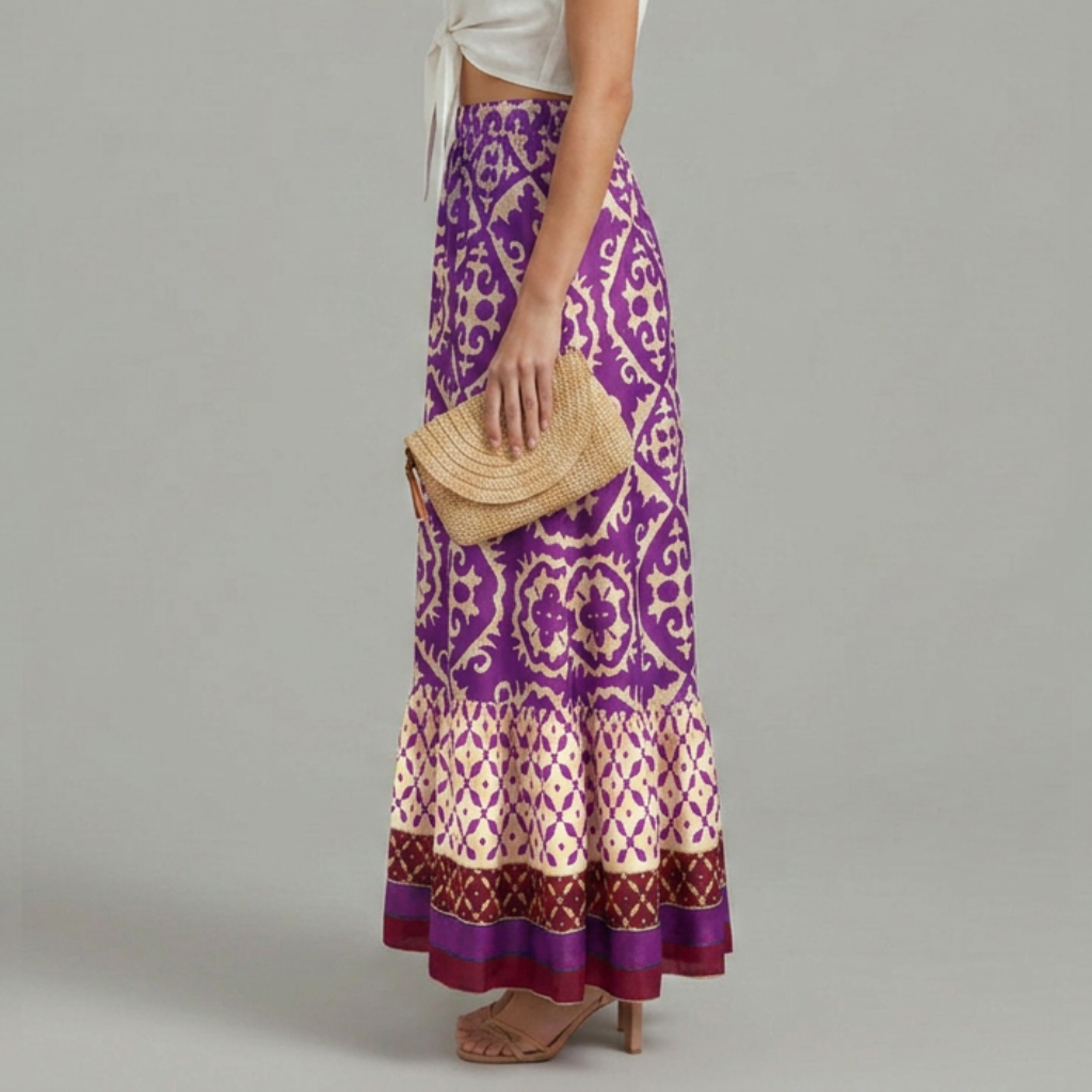 Georgette | Women's Printed Maxi Skirt with Elastic Waist and Tiered Design