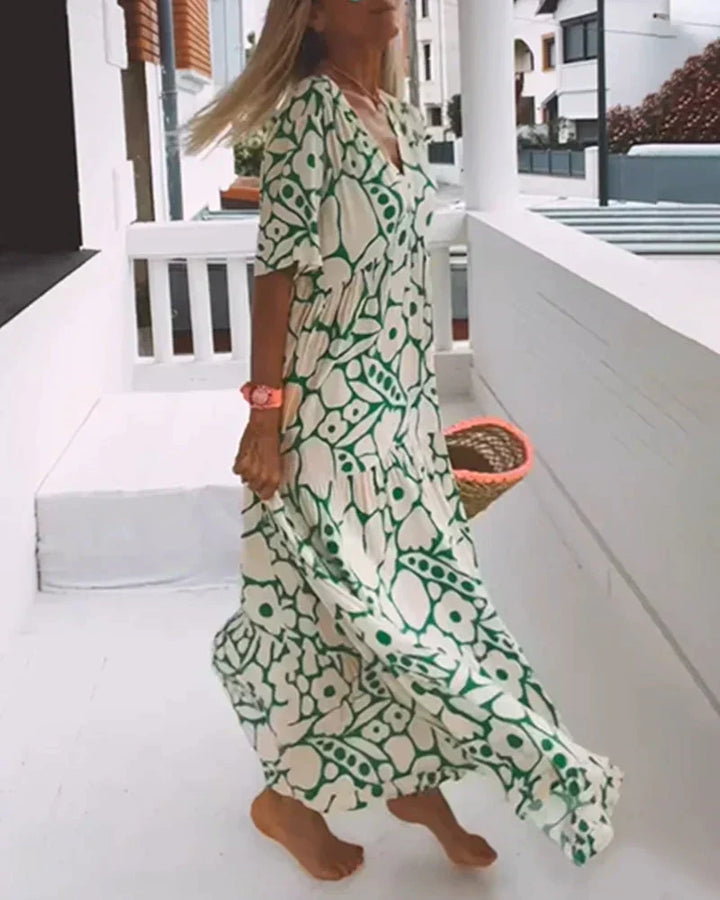 Ilaria-Rose printed maxi dress, v-neck, short sleeves
