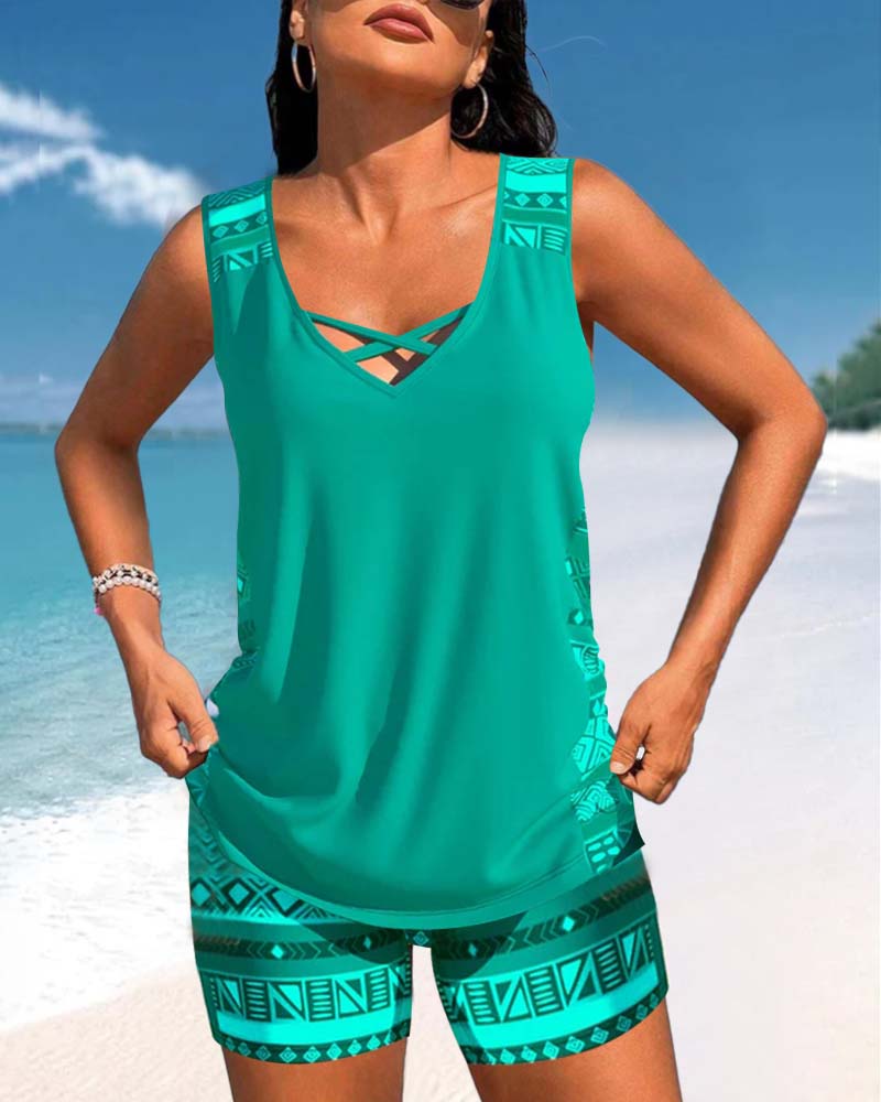 Maguelone | Women's Printed Tankini Set with Criss-Cross Straps - image 1