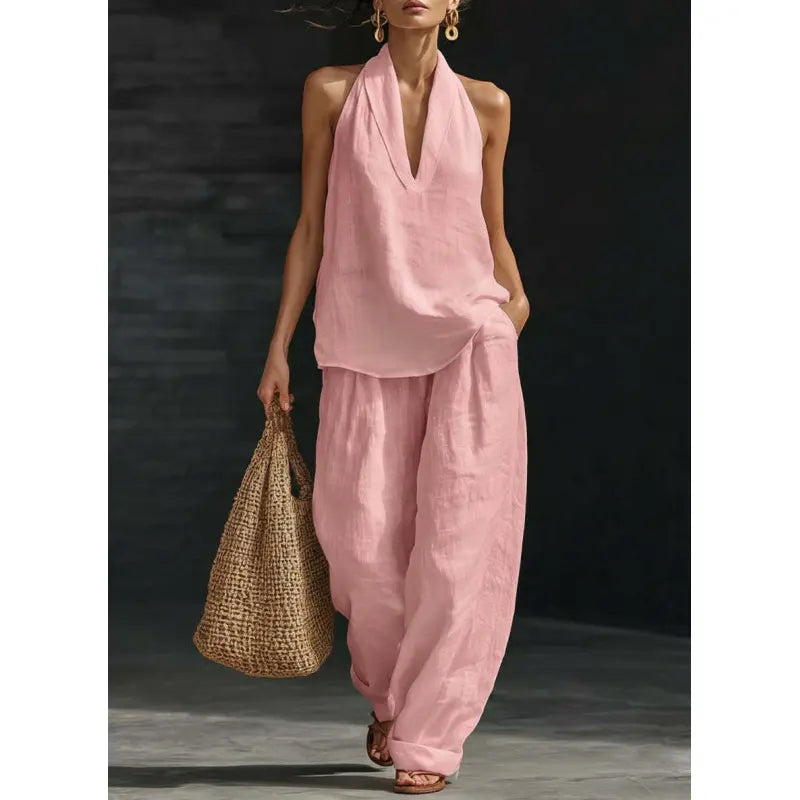 Elodie | Women's Bohemian-Style Linen Two-Piece Set—Strapless Tank Top and Wide-Leg Pants