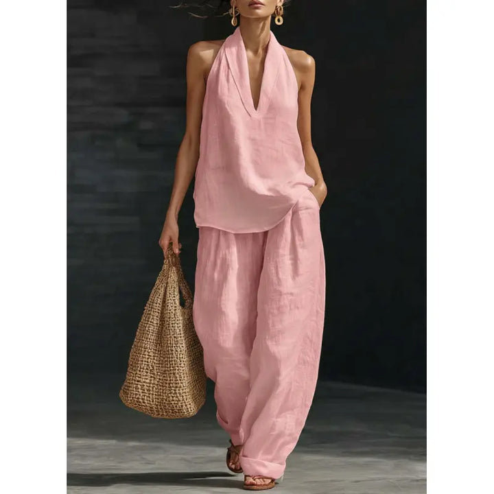Elodie | Women's Bohemian-Style Linen Two-Piece Set—Strapless Tank Top and Wide-Leg Pants