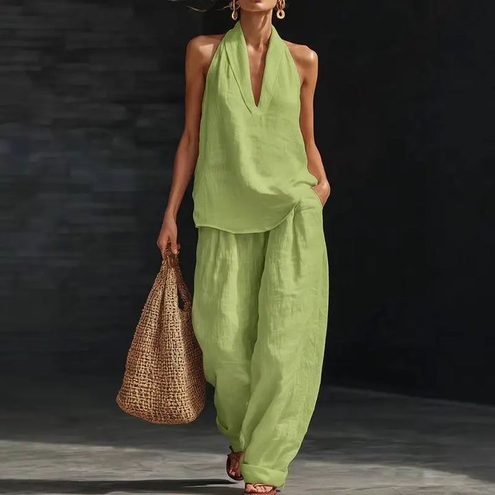 Elodie | Women's Bohemian-Style Linen Two-Piece Set—Strapless Tank Top and Wide-Leg Pants