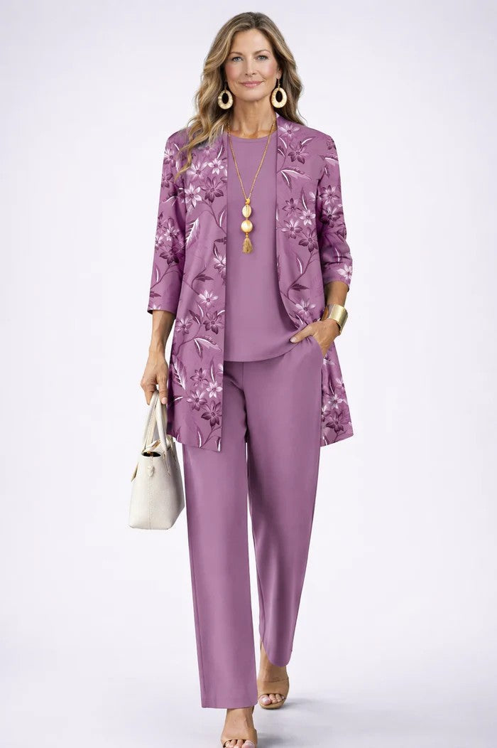 Iris | Women's Printed 3-Piece Trouser Set with Longline Cardigan