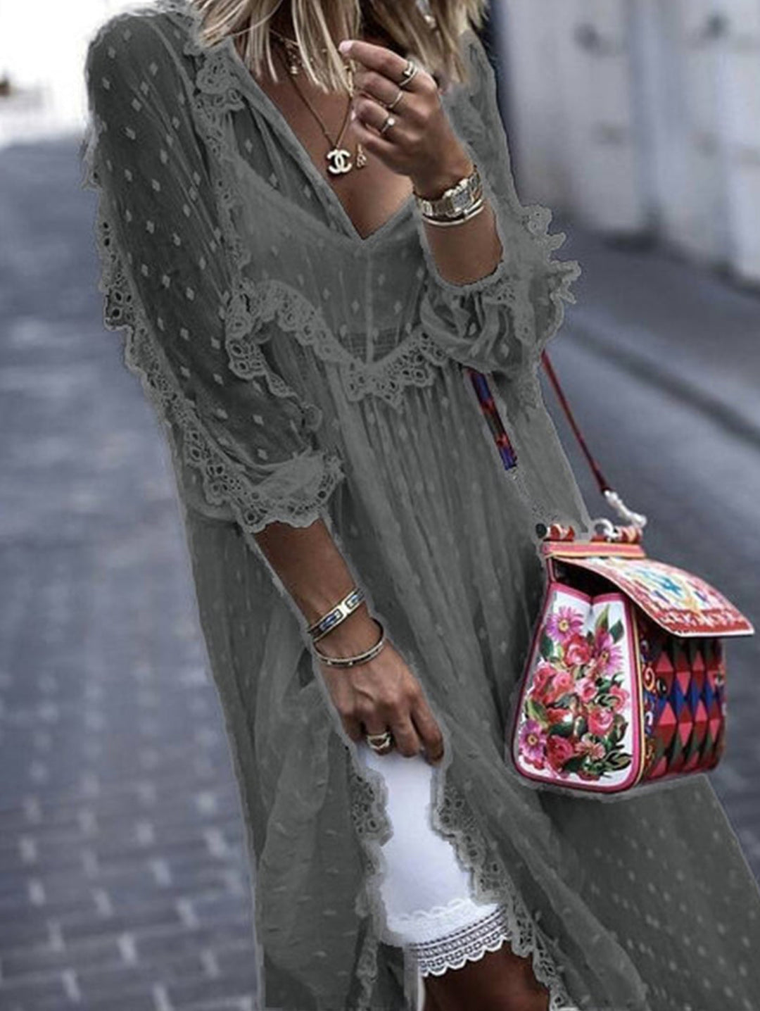 Honor | Women's White Jacquard Polka Dot See-Through Maxi Dress Long Sleeve