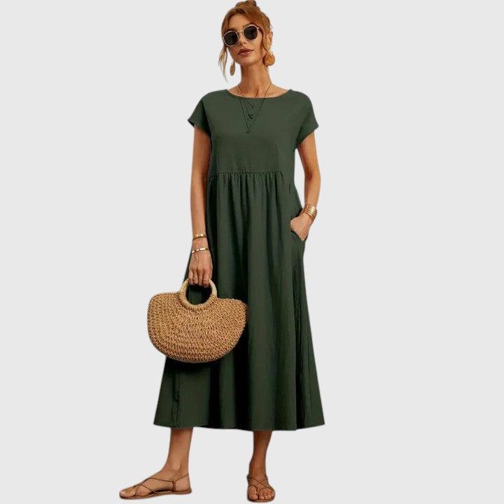 Veronique | Women's A-Line Midi Dress with Round Neck and Short Sleeves - image 5