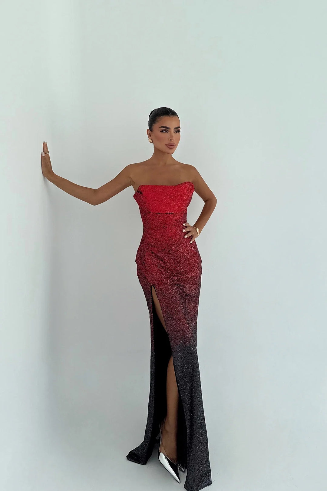 Merewen | Women's Strapless Sequin Maxi Dress with Leg Slit