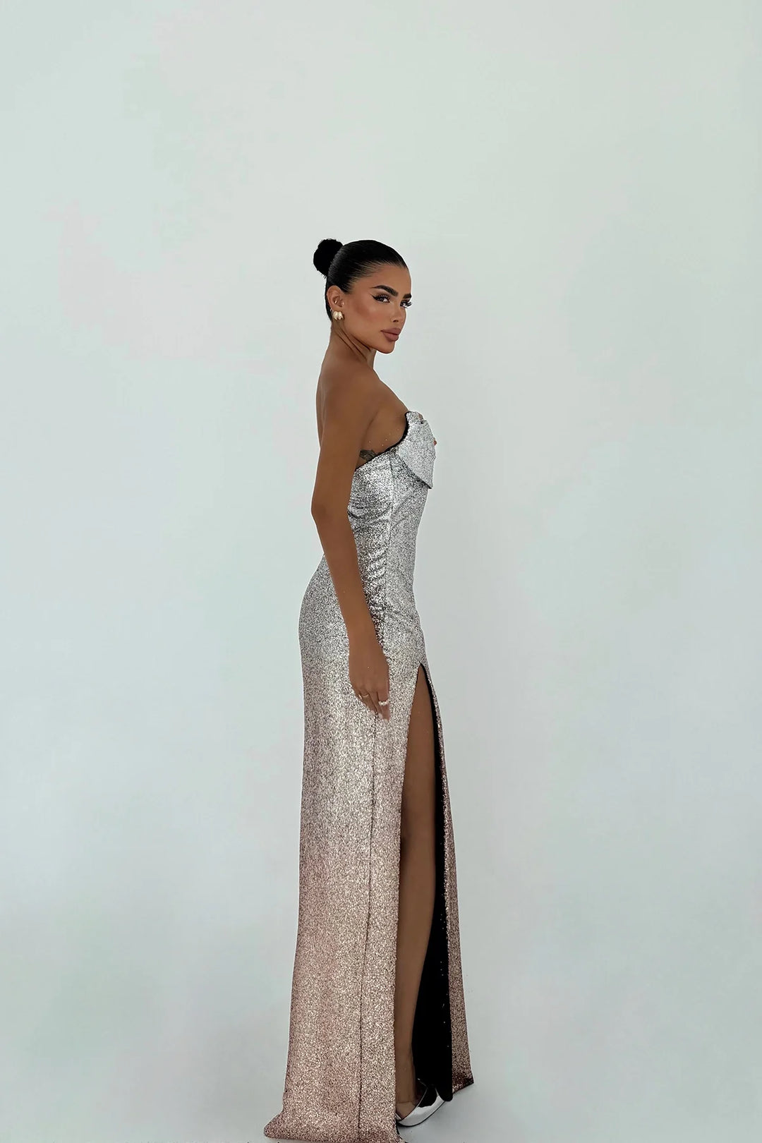 Merewen | Women's Strapless Sequin Maxi Dress with Leg Slit