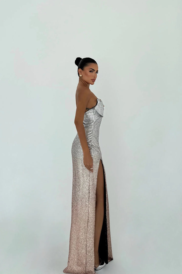 Merewen | Women's Strapless Sequin Maxi Dress with Leg Slit
