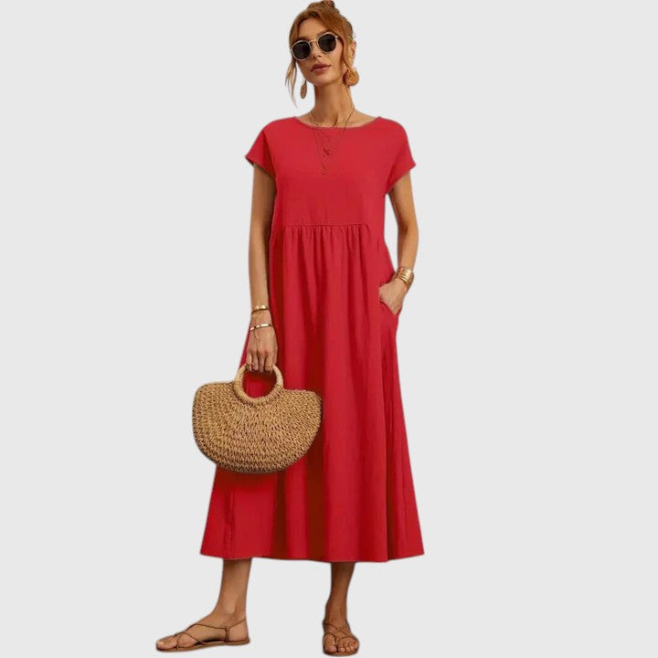 Veronique | Women's A-Line Midi Dress with Round Neck and Short Sleeves - image 6