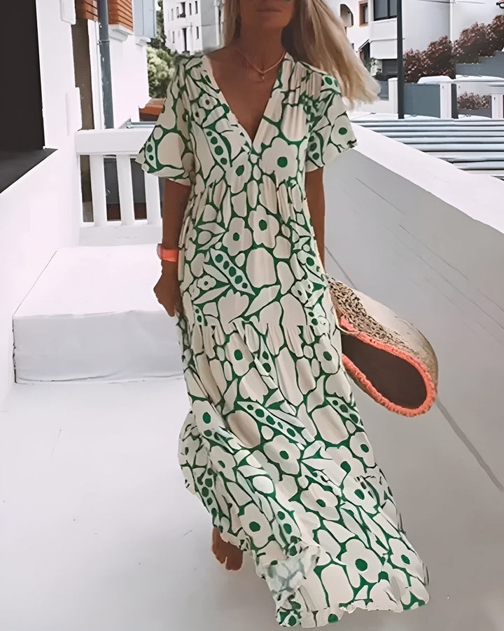 Ilaria-Rose printed maxi dress, v-neck, short sleeves