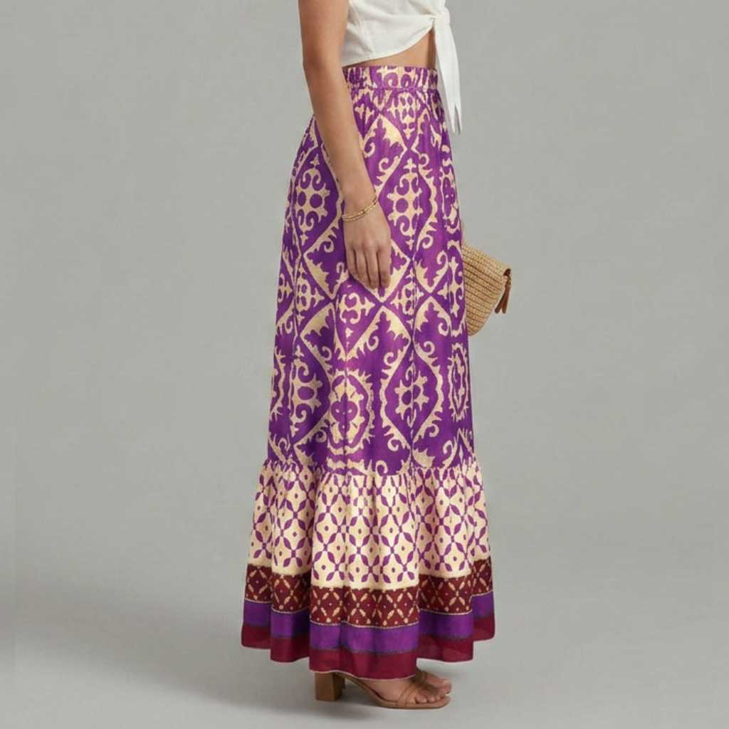 Georgette | Women's Printed Maxi Skirt with Elastic Waist and Tiered Design