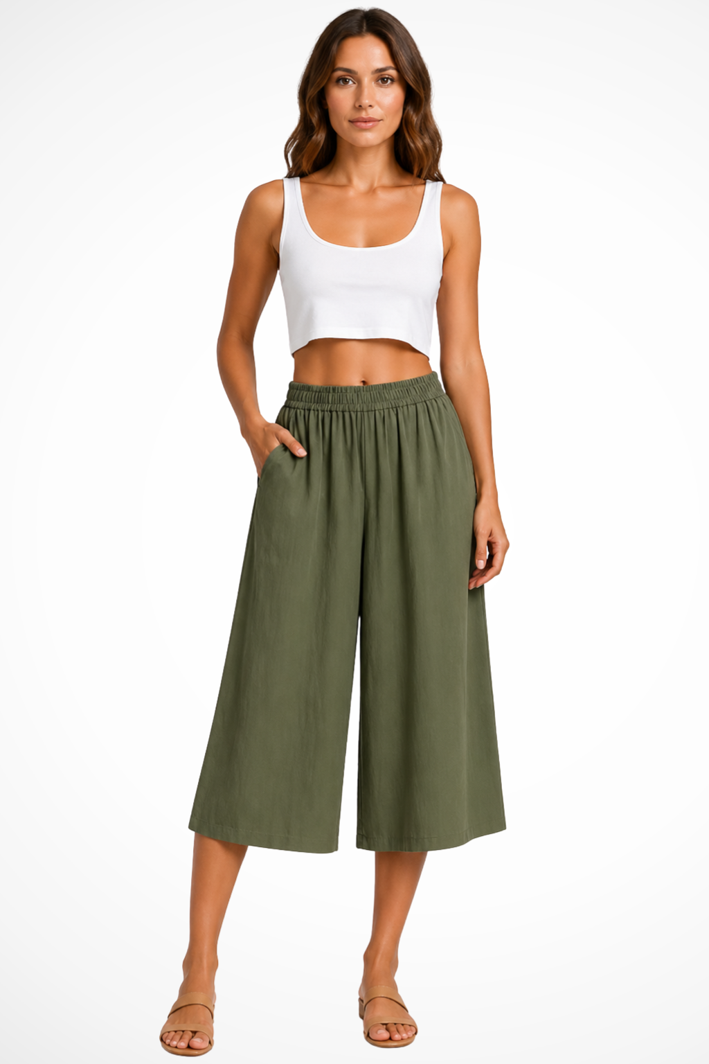 Wrenley | Women's High Waist Elasticated Wide Leg Cropped Trousers with Pockets