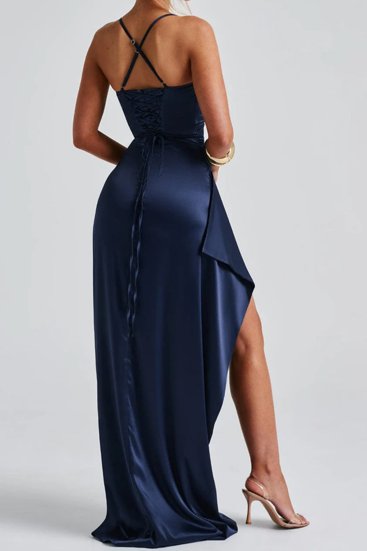 Avelisse | Women's Spaghetti Strap Ruched Maxi High Slit Occasion Dress