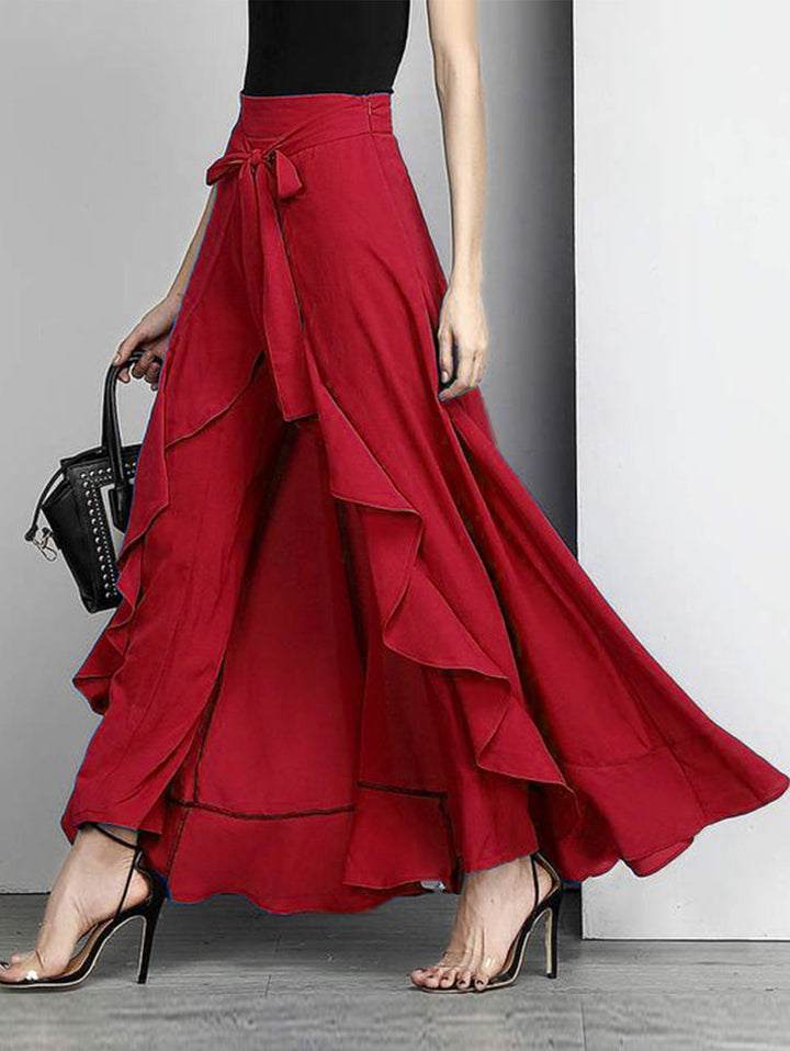 Fiorella | Women's Elegant Grey Waist Spliced Ruffle Hem Straight Leg Skirt